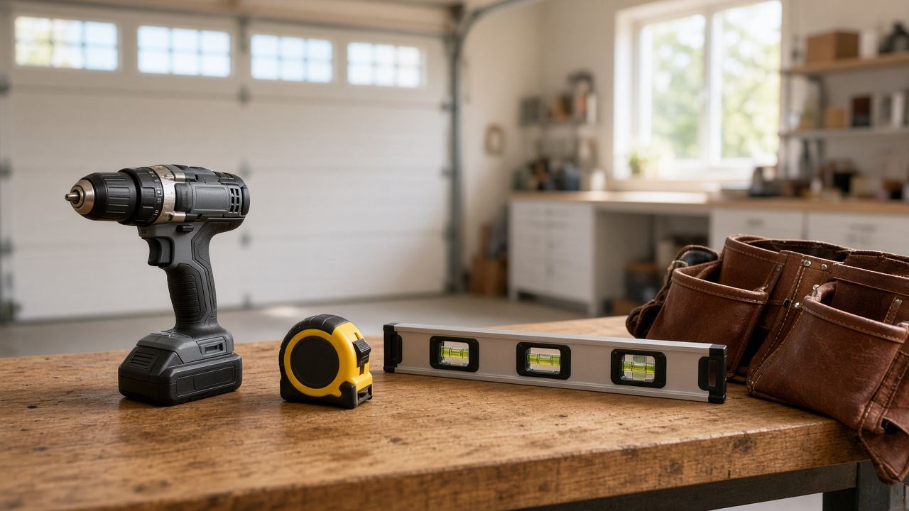 Sample photo: drill, tape measure and level on a workbench
